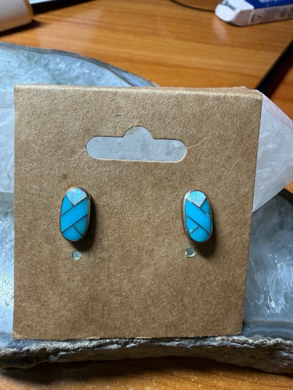 Zuni Native American Turquoise Inlay Oval Opal Turquoise Stud Earrings Signed OR - Picture 7 of 10